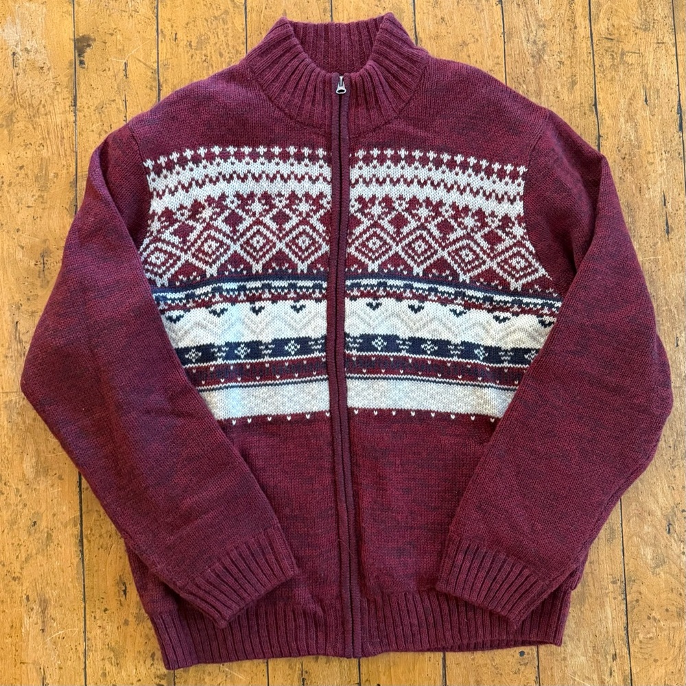 Burgundy Fleece Lined Patterned Zip Up Sweater